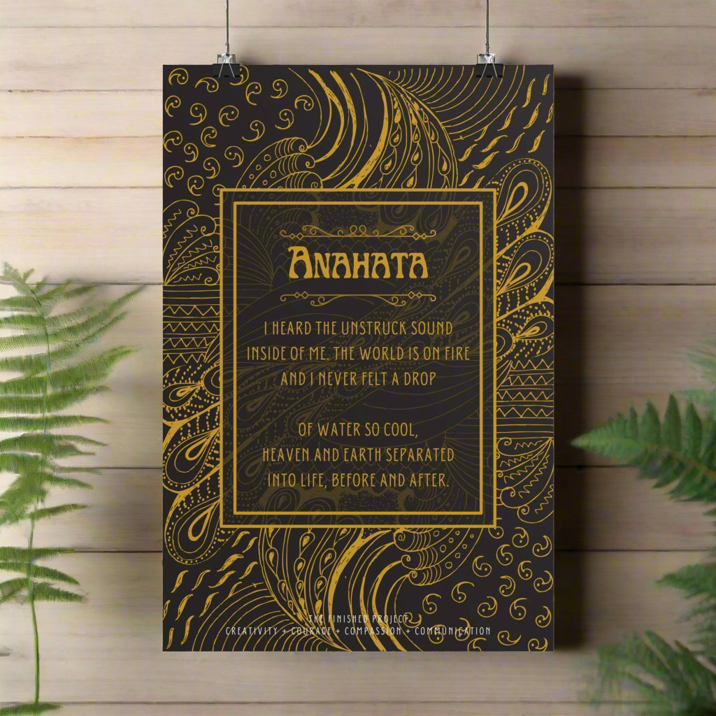 Decorative poster with gold text and patterns on a black background